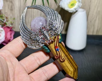 Tiger Eye Crystal Wand with Angel Wings & Amethyst Sphere: Healing Magic Staff