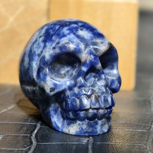 Natural Sodalite Skull Figurine, Handcrafted Blue Crystal Skull Sculptures, Spiritual Chakra Energy Stone Meditation Crystal Gifts