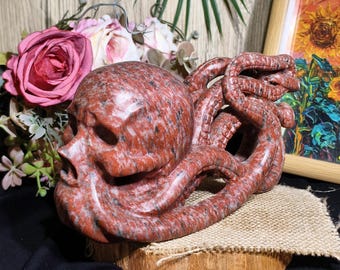Red Obsidian Crystal Octopus Skull Figurine: Hand-Carved Chakra Stone