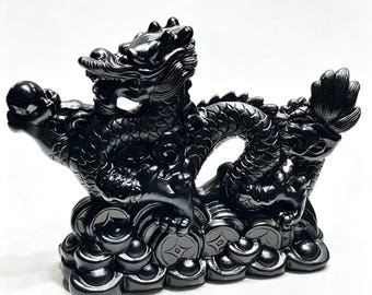 Hand-Carved Black Obsidian Dragon Statue, Wealth Dragon Crystal Sculpture Home Decor