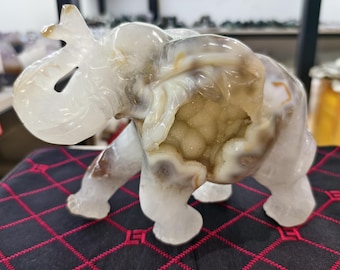 May include: A carved elephant figurine made of translucent white and brown agate stone. The sculpture features a hollowed-out side revealing a cluster of small, textured, light-coloured crystals within the mineral structure of the animal body.