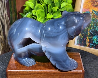 Handmade Blue Agate Geode Bear Figurine: Crystal Animal Carving, Home Decor