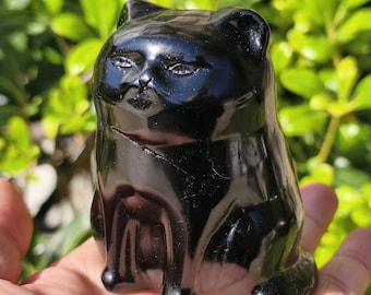 Hand Carved Obsidian Cat Figurine: Chakra Healing Crystal Cat