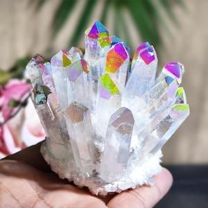 Angel Aura Quartz Crystal Cluster, Rainbow Titanium Coated Points, Natural Clear Quartz Formation Iridescent, Healing Crystal, Home Decor