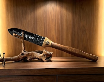 Hand-Knapped Obsidian Athame with Wooden Handle | Viking Skull Accent Ritual Dagger for Wicca & Altar Use
