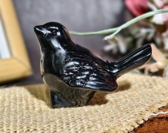 Natural Black Obsidian Hand Carved Bird Sculpture, Polished Crystal Figurine, Spiritual Home Decor