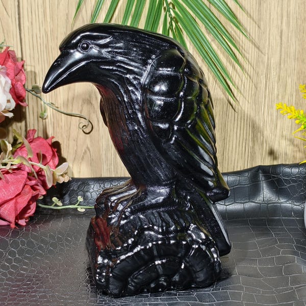 Hand Carved Black Obsidian Raven Figurine: Healing Crystal Decor