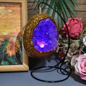 May include: A decorative, egg-shaped amethyst geode with a brown and gold speckled exterior, illuminated with a soft purple glow. The geode is suspended from a black metal stand, showcasing its natural beauty. A framed painting and flowers are in the background.