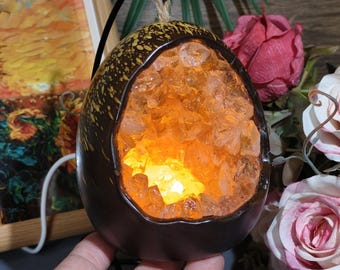 Citrine Crystal Egg Lamp, Geode Cluster, Desk Decor, Night Light