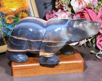 Handmade Blue Agate Geode Bear Figurine: Crystal Animal Carving, Home Decor