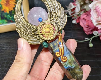Labradorite Crystal Wand with Angel Wings & Amethyst Sphere: Healing Magic Staff