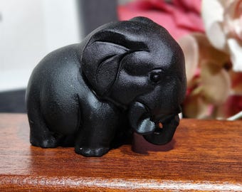 Han-carved Obsidian Elephant Figurine: Crystal Animal Carvings, Healing Stone