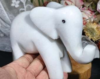 White Jade Elephant Figurine: Hand-Carved Healing Crystal Sculpture