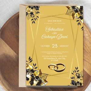 Black and Gold Floral Wedding Invitation | Elegant Printable Wedding Template | Editable Evening Invite | Digital Download | Formal Wedding