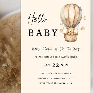 Teddy Bear Baby Shower Invitation: Hot Air Balloon, Printable Template