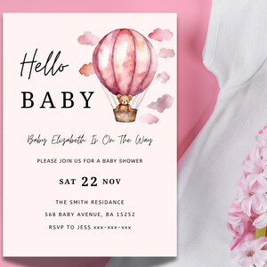 Teddy Bear Baby Shower Invitation: Pink Hot Air Balloon (Printable Template