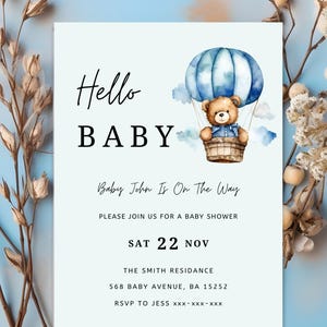 Teddy Bear Baby Shower Invitation: Blue Hot Air Balloon (Printable Template