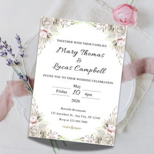 White Rose Wedding Invitation: Elegant Greenery Floral Template (Instant Download