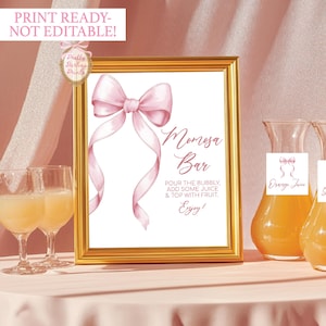 Momosa Bar Sign Printable Pink Bow Mimosa Bar Sign Juice Labels Pink Bow Baby Shower Coquette Baby Shower Baby Shower Printable Sign PB1