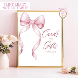 Cartello stampabile con biglietti e regali con fiocco rosa per baby shower per bambine, cartello stampabile con fiocco rosa per baby shower, cartello stampabile con fiocco rosa per baby shower PB5