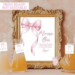 Pink Bow Momosa Bar Sign Printable Mimosa Bar Sign Juice Labels Pink Bow Baby Shower Coquette Baby Shower Baby Shower Printable Sign PB1