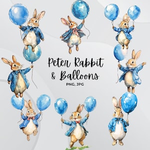 Beatrix Potter, Peter Rabbit JPG PNG Bundle, Clipart di compleanno ad acquerello, Clipart di coniglio, Clipart di palloncini, Creazione di biglietti, Artigianato di carta