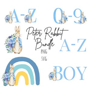 Paquete de Peter Rabbit, Peter Rabbit PNG, de 1 a 9 años, conjunto de imágenes digitales de la A a la Z, baby shower, imágenes prediseñadas de sublimación, cumpleaños de niño en la guardería, alfabetos