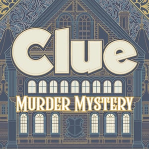 Peut inclure: Illustration détaillée du jeu de société Cluedo, représentant une façade de manoir en nuances de bleu et d'or. Le mot "Clue" est affiché au-dessus de "Murder Mystery". Des éléments décoratifs et des statues de lions évoquent le thème du mystère.