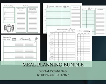 Meal Planning Bundle | Grocery List Downloadable Planner Pages | Weekly & Monthly Meal Template | Food Journal Sheets | Health Diet Fitness