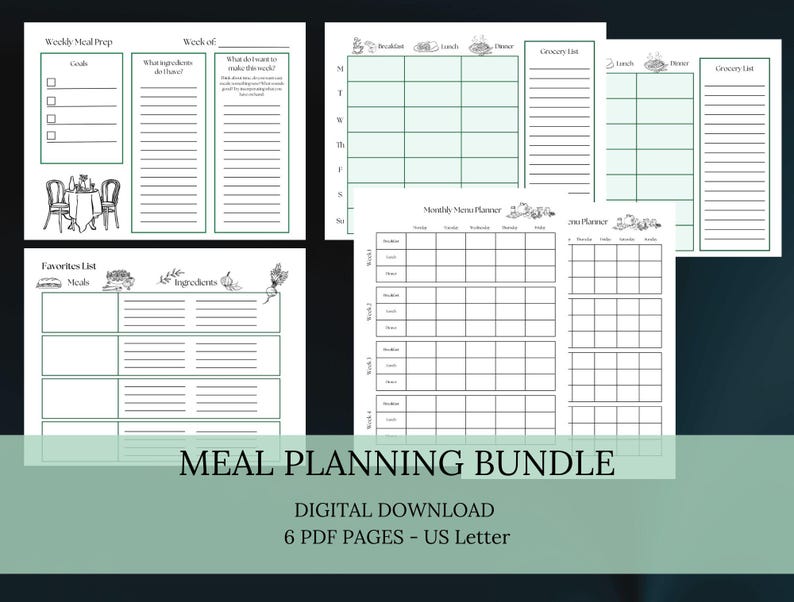 Meal Planning Bundle | Grocery List Downloadable Planner Pages | Weekly ...