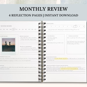 May include: A printable monthly review journal with sections for favorite memories, biggest challenges, biggest accomplishments, something you're proud of, grateful for, monthly rating, watched/read, forms/actions, goals for next month, and how to set yourself up for success next month. The journal has a black and white design with a simple, modern aesthetic.