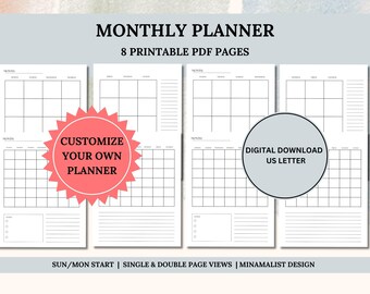 Printable Monthly Planner Bundle Digital Instant Download US Letter Customizable Workbook Calendar Sunday Monday Start Single Double Pages