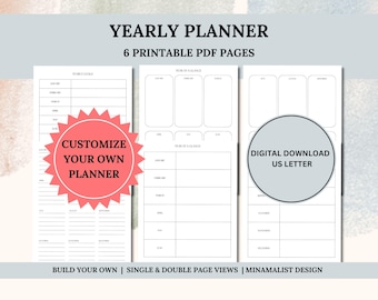 Printable Yearly Planner Goal Setting PDF Pages Instant Digital Download Yearly Overview At a Glance on One Two Page Minimalist Annual Plan