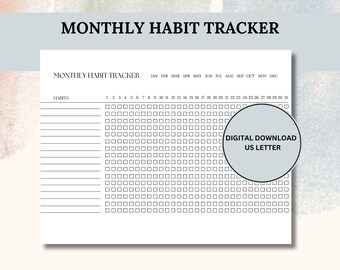 Monthly Habit Tracker, Routine and Progress Tracker, Printable PDF Download Landscape Instant Download, 2025 Checklist 30 Day Goal Challenge