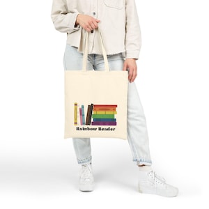 Rainbow Reader - Pride Book Stack Canvas Tote Bag, Book Lover Gift, Literary Tote, Reading Accessory,  Shopping Bag, Summer Beach Bag