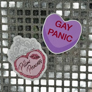 May include: Two heart-shaped stickers. One is purple with the text "GAY PANIC" in red. The other is pink with a crown and the text "Pillow Princess".