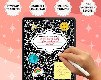May include: A digital journal app on a tablet screen with a black and white composition notebook background. The app is designed to help people navigate cancer with features like symptom tracking, a monthly calendar, writing prompts, and fun activities. The text on the screen reads "Composition Book, a guide to help you navigate cancer".