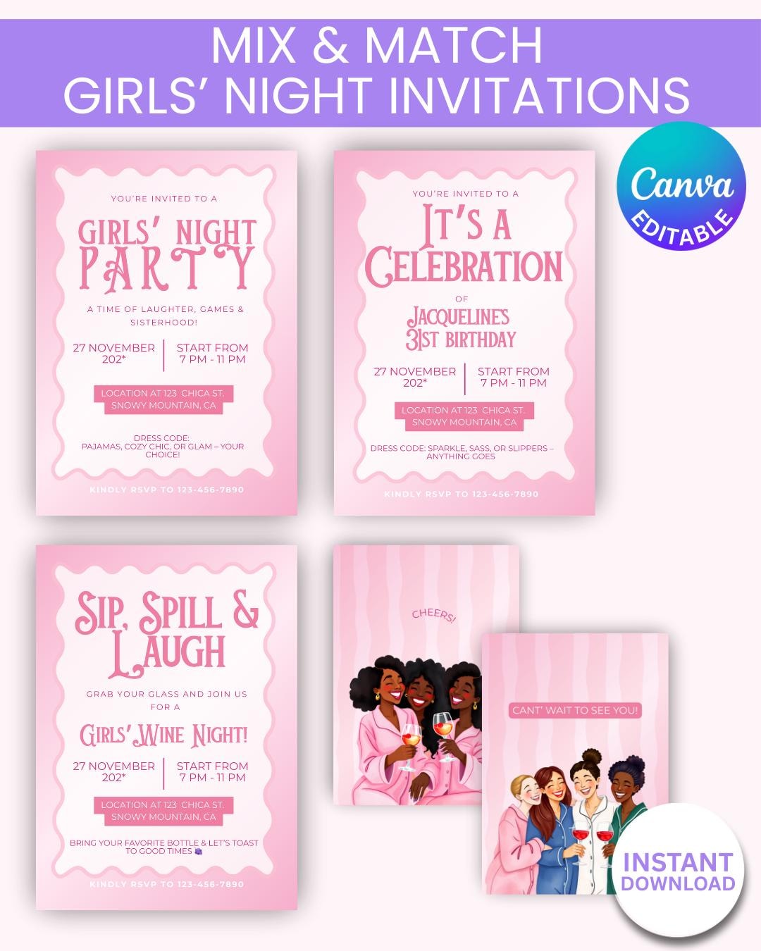 Editable Girls Night Invitations Bundle | Wine Night, Pajama Party ...