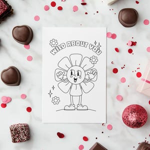 Tarjeta de San Valentín imprimible para niños / Tarjeta para colorear / Descarga instantánea / Archivo digital / Mascota de personaje de dibujos animados retro de flor