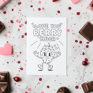 Tarjeta de San Valentín imprimible para niños / Tarjeta para colorear / Descarga instantánea / Archivo digital / Mascota de personaje de dibujos animados retro de fresa