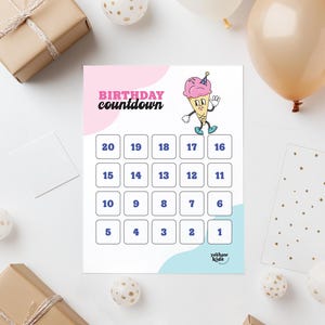 Calendario de cuenta regresiva de cumpleaños imprimible para niños / Descarga instantánea / Archivo digital / Mascota de personaje de dibujos animados retro / 30 días, 20 días, 12 días