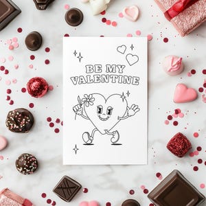 Tarjeta de San Valentín imprimible para niños / Tarjeta para colorear / Descarga instantánea / Archivo digital / Mascota de dibujos animados retro de corazón
