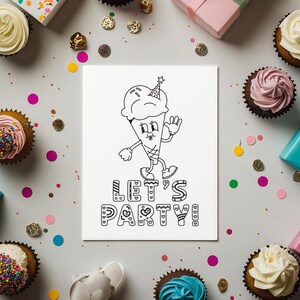 Tarjeta de cumpleaños imprimible para niños / Tarjeta para colorear / Descarga instantánea / Archivo digital / Mascota de personaje de dibujos animados retro de cono de helado