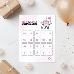 Calendario de cuenta regresiva de cumpleaños imprimible para niños / Descarga instantánea / Archivo digital / Mascota de personaje de dibujos animados retro / 30 días, 20 días, 12 días