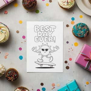 Tarjeta de cumpleaños imprimible para niños / Tarjeta para colorear / Descarga instantánea / Archivo digital / Mascota del personaje de dibujos animados retro del sol