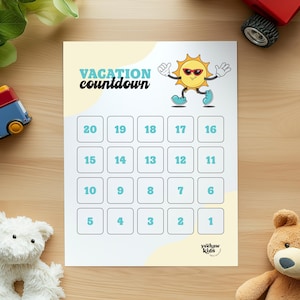 Cuenta regresiva de vacaciones imprimible para niños / Descarga instantánea / Archivo digital / Mascota de personaje de dibujos animados retro / 30 días, 20 días, 12 días