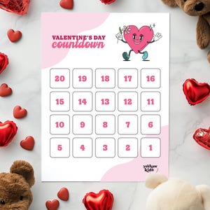 Cuenta regresiva del día de San Valentín para niños imprimible / Descarga instantánea / Archivo digital / Mascota de personaje de dibujos animados retro / 30 días, 20 días, 12 días