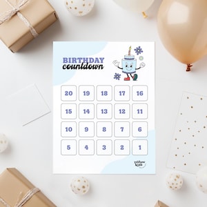 Calendario de cuenta regresiva de cumpleaños imprimible para niños / Descarga instantánea / Archivo digital / Mascota de personaje de dibujos animados retro / 30 días, 20 días, 12 días