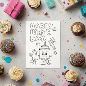 Tarjeta de cumpleaños imprimible para niños / Tarjeta para colorear / Descarga instantánea / Archivo digital / Mascota de personaje de dibujos animados retro de pastel de cumpleaños