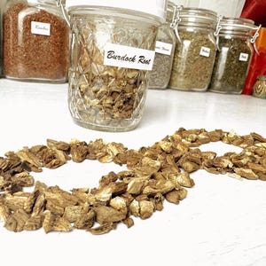 Könnte beinhalten: Ein klares Glas mit der Aufschrift "Burdock Root", gefüllt mit getrockneter, gehackter Klettenwurzel. Die Wurzel ist in Form eines Unendlichkeitssymbols auf einer weißen Oberfläche angeordnet. Weitere Gläser mit Kräutern befinden sich im Hintergrund.